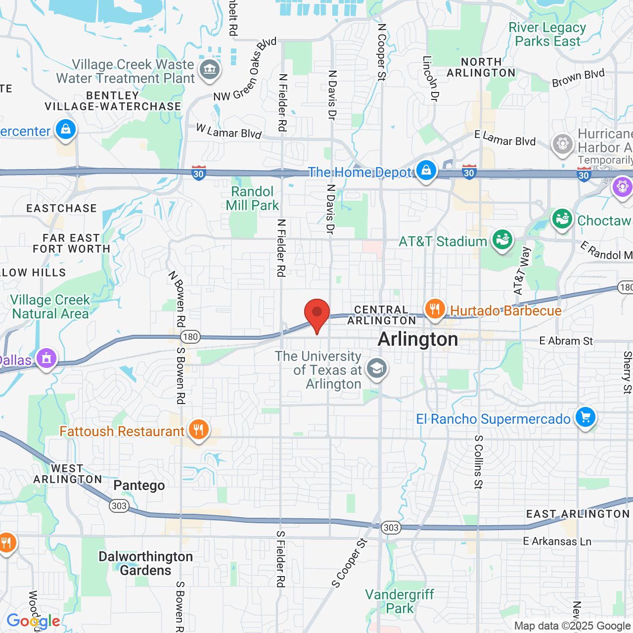 Google map image of our location in 1309 W Abram Street Arlington, TX