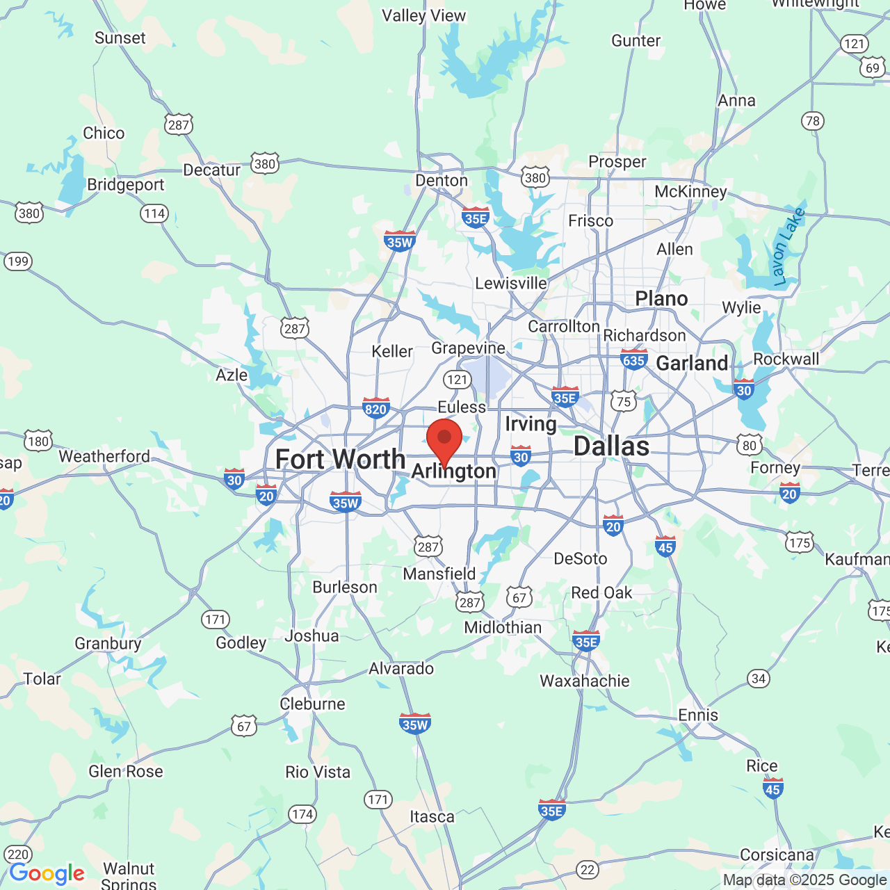 Google map image of our location in 1309 W Abram Street Arlington, TX